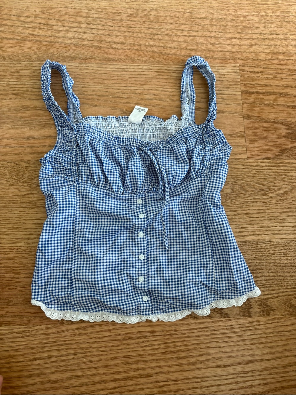 Blue Gingham Smocked Cami Top with Lace Trim